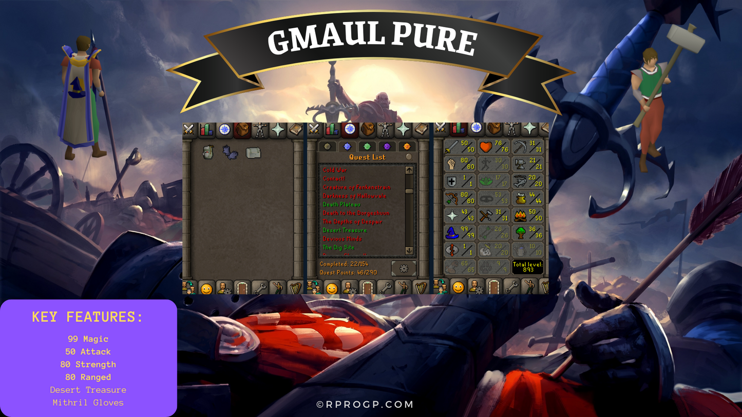 99 Magic Gmaulerš Desert Treasureš Mithril Glovesš God Bookš Ava'sš 80 Ranged/Strengthš