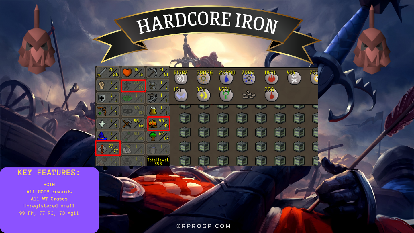 👑HCIM👑ALL WINTERTODT CRATES👑99 FM👑77 RC👑70 Agility👑ALL GOTR REWARDS👑NO SET EMAIL!